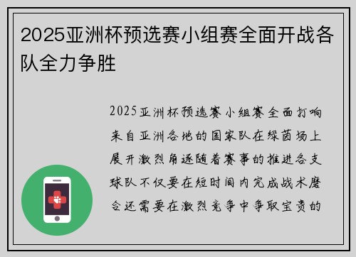 2025亚洲杯预选赛小组赛全面开战各队全力争胜 2025亚洲杯预选赛小组赛全面开战各队全力争胜