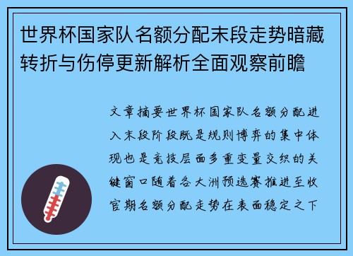世界杯国家队名额分配末段走势暗藏转折与伤停更新解析全面观察前瞻
