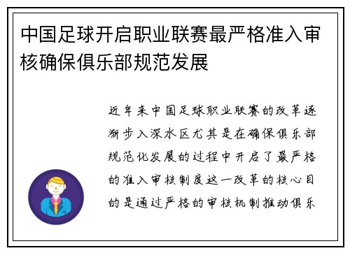 中国足球开启职业联赛最严格准入审核确保俱乐部规范发展